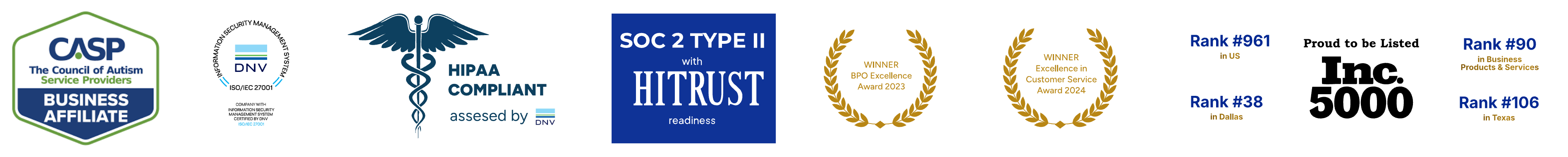 CASP Business Affiliate · DNV ISO/IEC 27001 · HIPAA Compliant (DNV) · SOC 2 Type II with HITRUST · BPO Excellence Award 2023 · Excellence in Customer Service 2024 · Inc. 5000