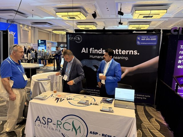 ASP-RCM booth backdrop: AI finds patterns, humans find meaning, Becker's HIT + RCM 2026, photo 6 of 8